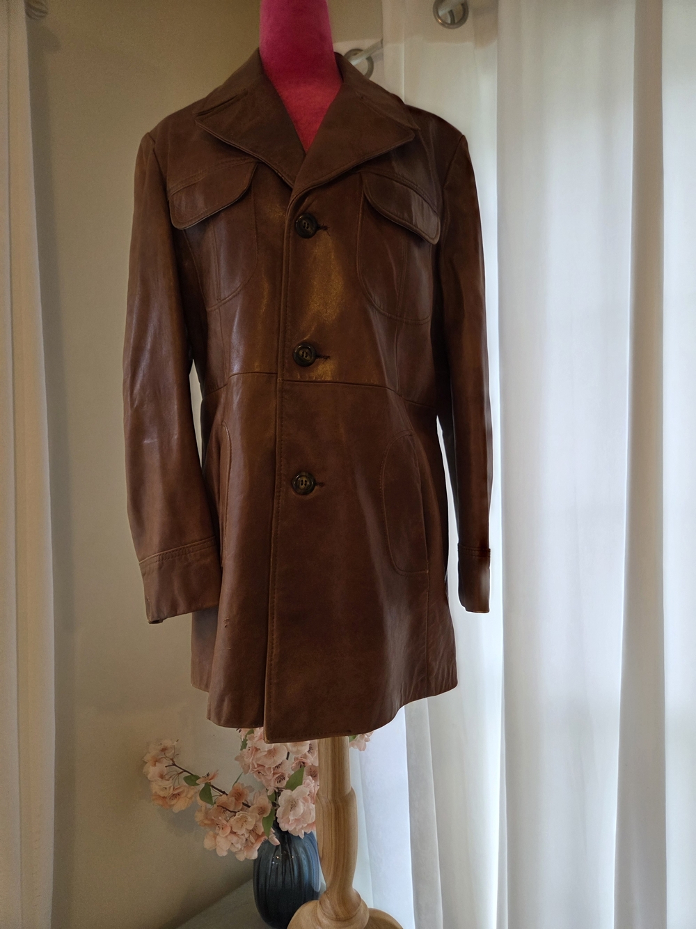 Vintage Men's or Women's Brown Leather Button-Front Coat Cresco Stunning 70's